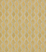 Wading Sunkiss contemporary fabric featuring repeating vertical wavy stripes in soft teal blue and cream, with delicate scalloped detailing against a warm golden yellow background.