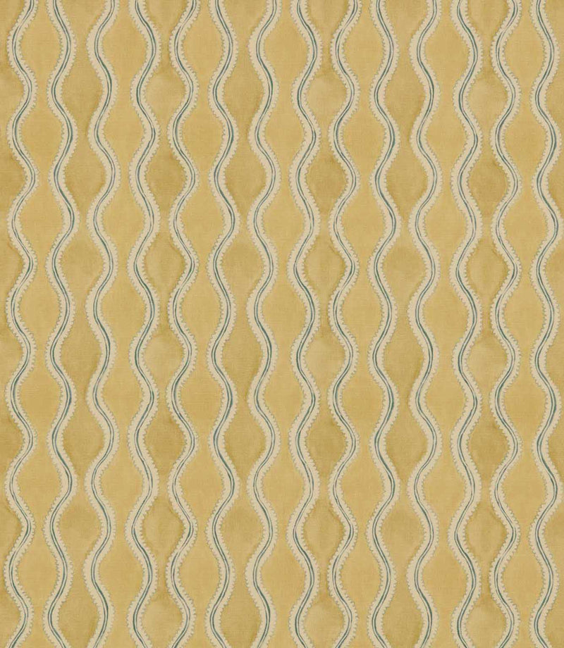 Wading Sunkiss contemporary fabric featuring repeating vertical wavy stripes in soft teal blue and cream, with delicate scalloped detailing against a warm golden yellow background.