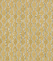 Wading Sunkiss contemporary fabric featuring repeating vertical wavy stripes in soft teal blue and cream, with delicate scalloped detailing against a warm golden yellow background.