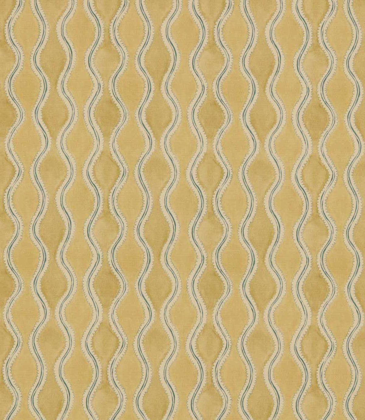 Wading Sunkiss contemporary fabric featuring repeating vertical wavy stripes in soft teal blue and cream, with delicate scalloped detailing against a warm golden yellow background.