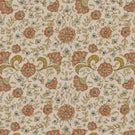 Wainscott Coralee traditional floral fabric featuring a repeating botanical pattern of coral orange flowers with turquoise blue details, golden ochre scrolling leaves and delicate foliage on a warm ivory background with a subtle textured appearance.