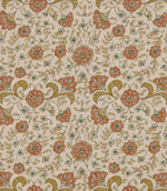 Wainscott Coralee traditional floral fabric featuring a repeating botanical pattern of coral orange flowers with turquoise blue details, golden ochre scrolling leaves and delicate foliage on a warm ivory background with a subtle textured appearance.