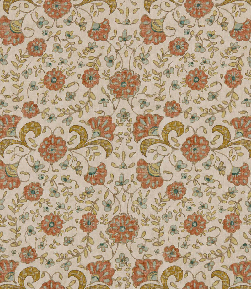 Wainscott Coralee traditional floral fabric featuring a repeating botanical pattern of coral orange flowers with turquoise blue details, golden ochre scrolling leaves and delicate foliage on a warm ivory background with a subtle textured appearance.