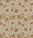 Wainscott Coralee traditional floral fabric featuring a repeating botanical pattern of coral orange flowers with turquoise blue details, golden ochre scrolling leaves and delicate foliage on a warm ivory background with a subtle textured appearance.