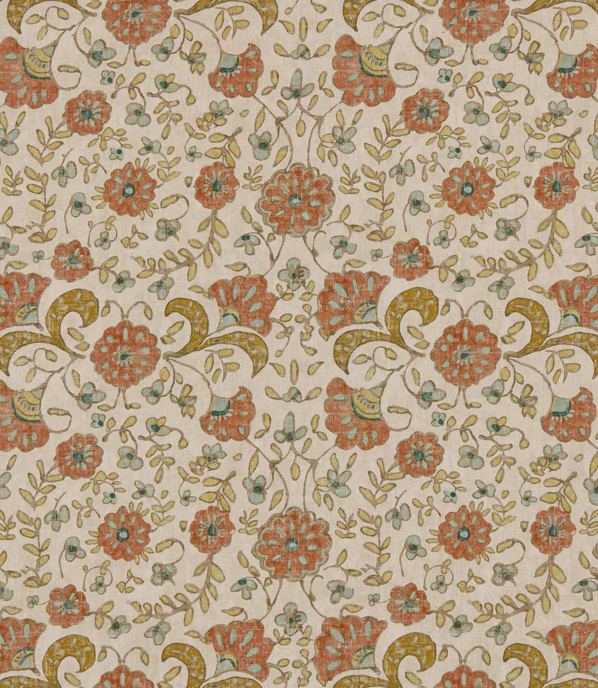 Wainscott Coralee traditional floral fabric featuring a repeating botanical pattern of coral orange flowers with turquoise blue details, golden ochre scrolling leaves and delicate foliage on a warm ivory background with a subtle textured appearance.