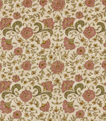 Wainscott Rosehip traditional floral fabric featuring a repeating botanical pattern of dusty rose pink flowers, olive green scrolling leaves and small ochre blossoms on a warm ivory background with a subtle textured appearance.