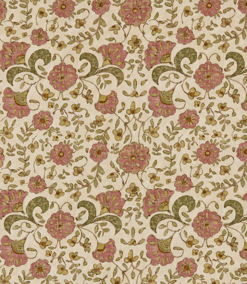 Wainscott Rosehip traditional floral fabric featuring a repeating botanical pattern of dusty rose pink flowers, olive green scrolling leaves and small ochre blossoms on a warm ivory background with a subtle textured appearance.