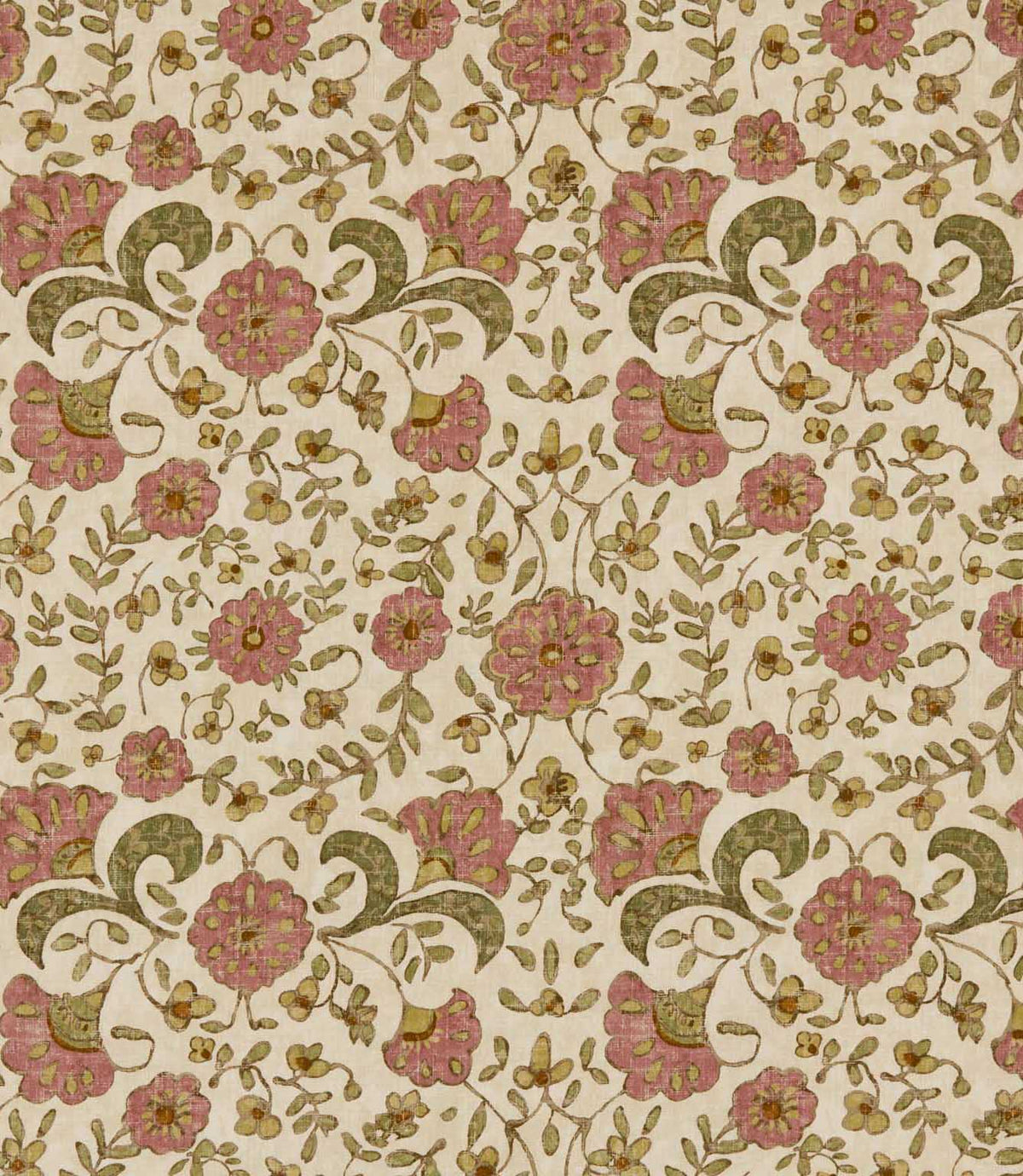 Wainscott Rosehip traditional floral fabric featuring a repeating botanical pattern of dusty rose pink flowers, olive green scrolling leaves and small ochre blossoms on a warm ivory background with a subtle textured appearance.