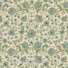 Wainscott Saltwater traditional floral fabric featuring a repeating botanical design of soft sage green and muted aqua blue flowers, deep blue floral centres, scrolling olive green leaves and delicate trailing foliage on a warm ivory background with a subtle textured appearance.
