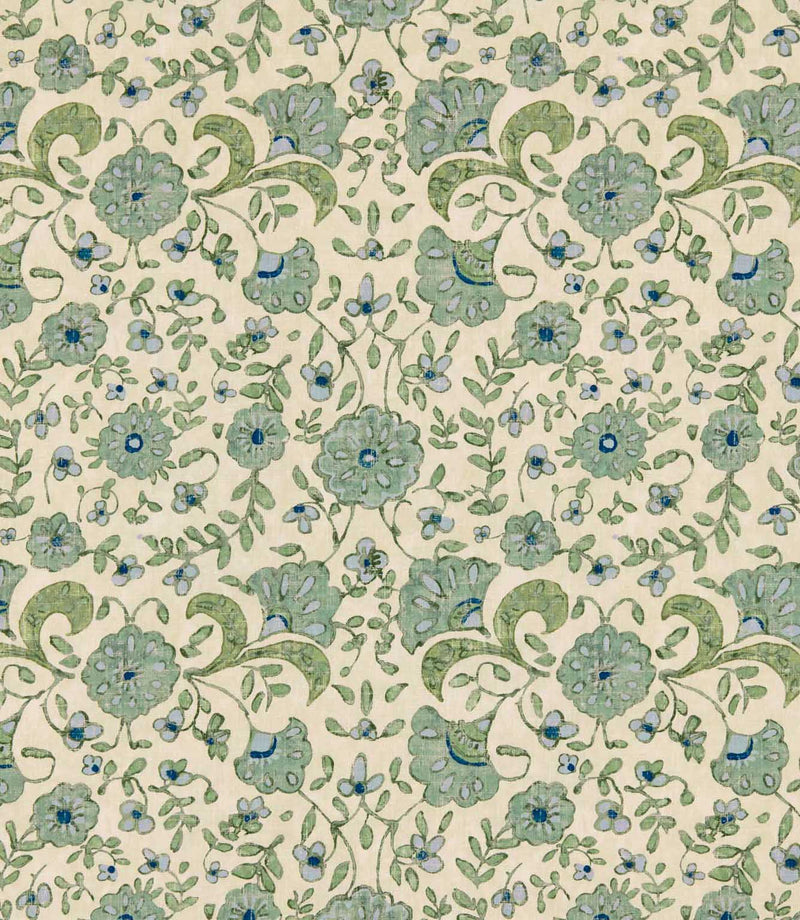 Wainscott Saltwater traditional floral fabric featuring a repeating botanical design of soft sage green and muted aqua blue flowers, deep blue floral centres, scrolling olive green leaves and delicate trailing foliage on a warm ivory background with a subtle textured appearance.