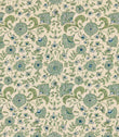 Wainscott Saltwater traditional floral fabric featuring a repeating botanical design of soft sage green and muted aqua blue flowers, deep blue floral centres, scrolling olive green leaves and delicate trailing foliage on a warm ivory background with a subtle textured appearance.