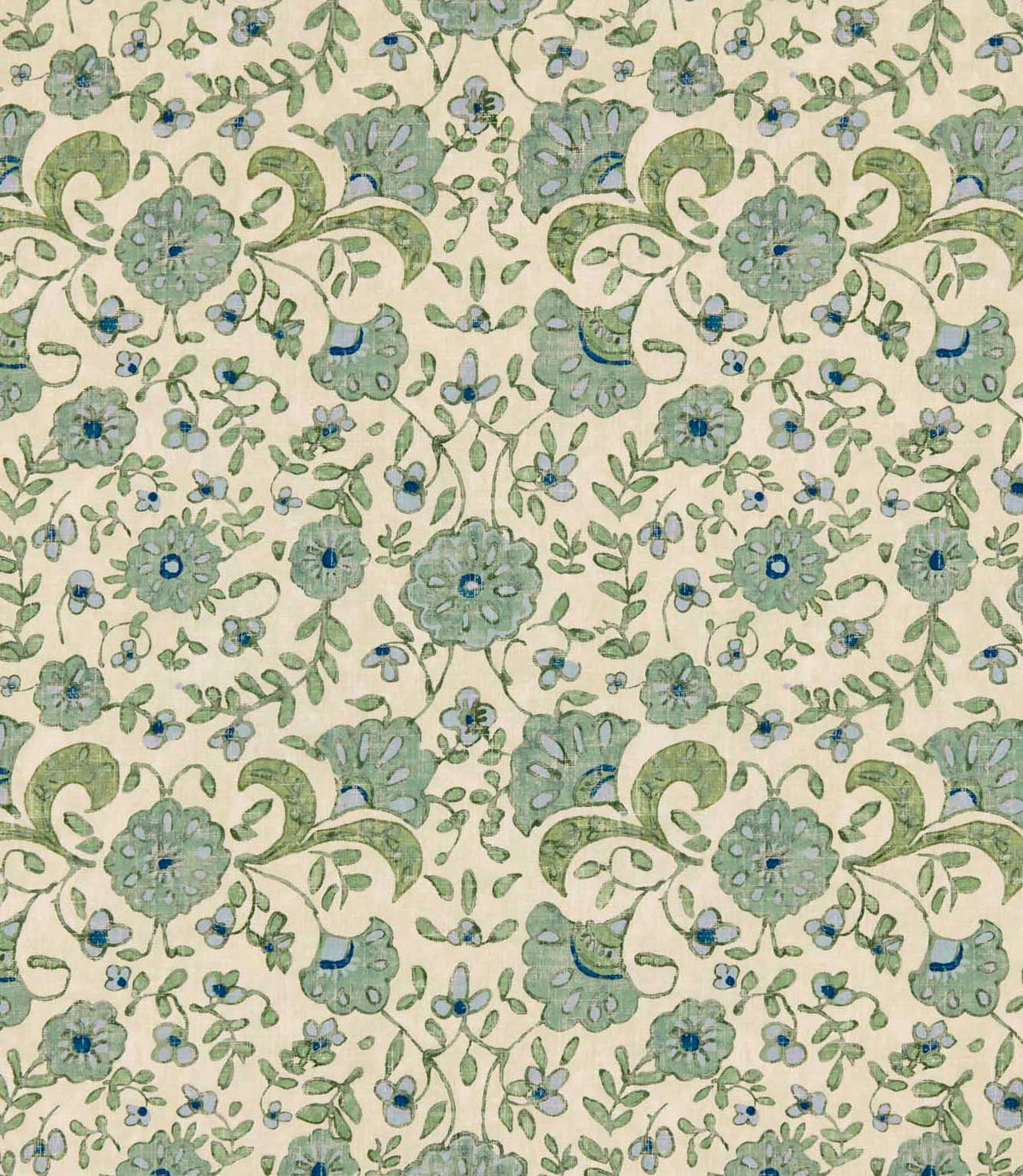 Wainscott Saltwater traditional floral fabric featuring a repeating botanical design of soft sage green and muted aqua blue flowers, deep blue floral centres, scrolling olive green leaves and delicate trailing foliage on a warm ivory background with a subtle textured appearance.