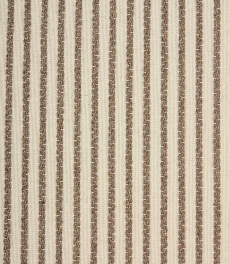 Close-up of Wedmore Wide ivory upholstery fabric showing textured taupe stitched stripes and a woven natural finish.