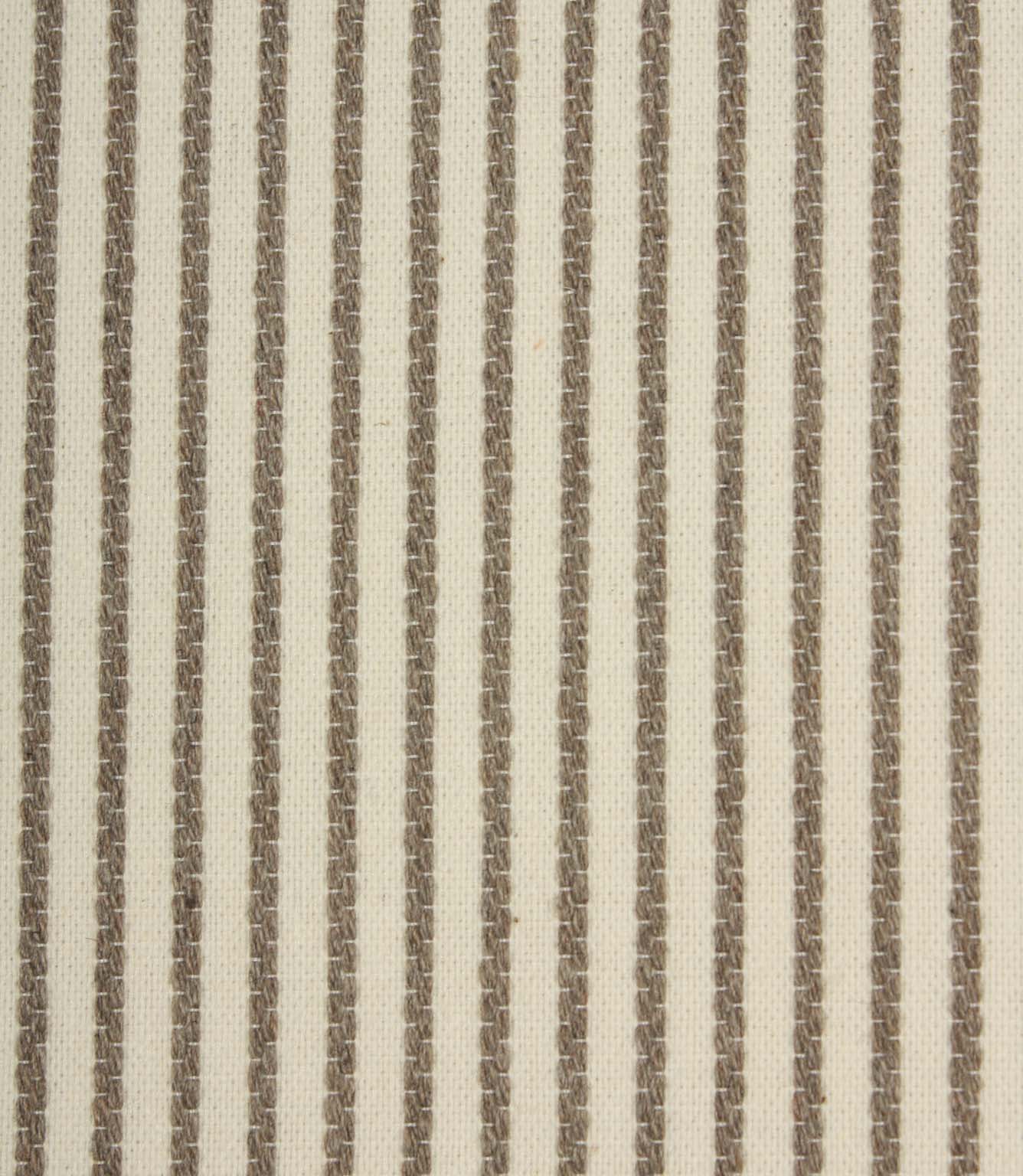 Close-up of Wedmore Wide ivory upholstery fabric showing textured taupe stitched stripes and a woven natural finish.