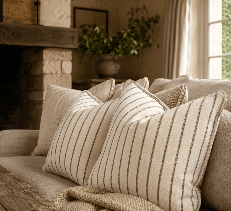 Neutral living room sofa styled with Wedmore Wide Ivory striped cushions, featuring soft taupe woven stripes on a warm cream fabric for a timeless country interior look.