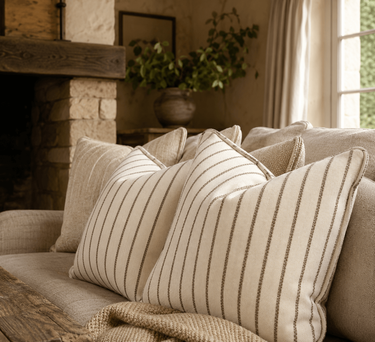 Neutral living room sofa styled with Wedmore Wide Ivory striped cushions, featuring soft taupe woven stripes on a warm cream fabric for a timeless country interior look.