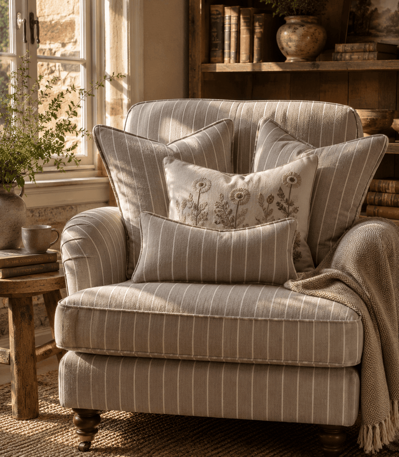 Upholstered armchair in striped woven fabric styled with coordinating cushions in a warm country living room setting.