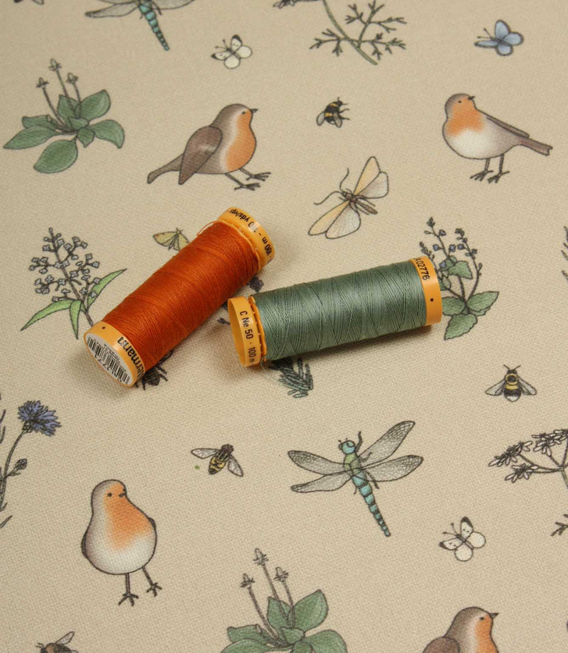 Whimsical Wildlife Birds Butterflies Oilcloth Fabric / Linen