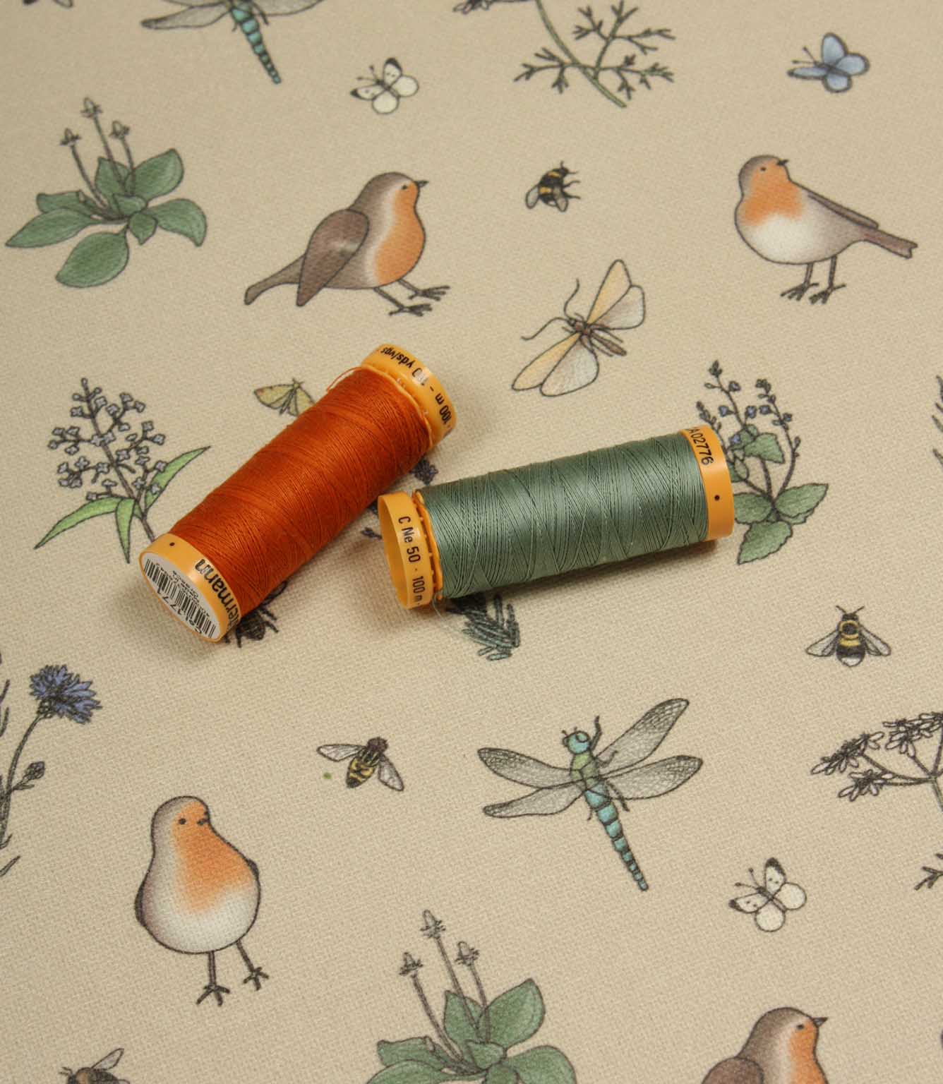 Whimsical Wildlife Birds Butterflies Oilcloth Fabric / Linen