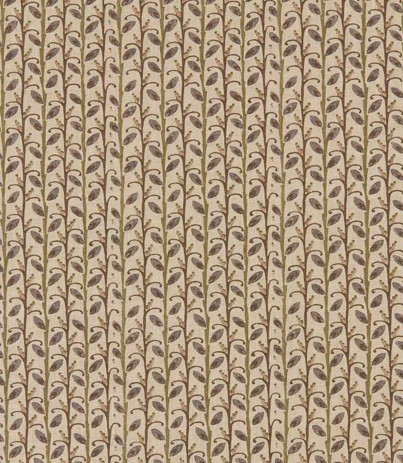 Wildwood Alder fabric featuring a small-scale Scandi botanical design with muted plum and taupe leaves, olive green stems and delicate earthy details on a natural cream background.