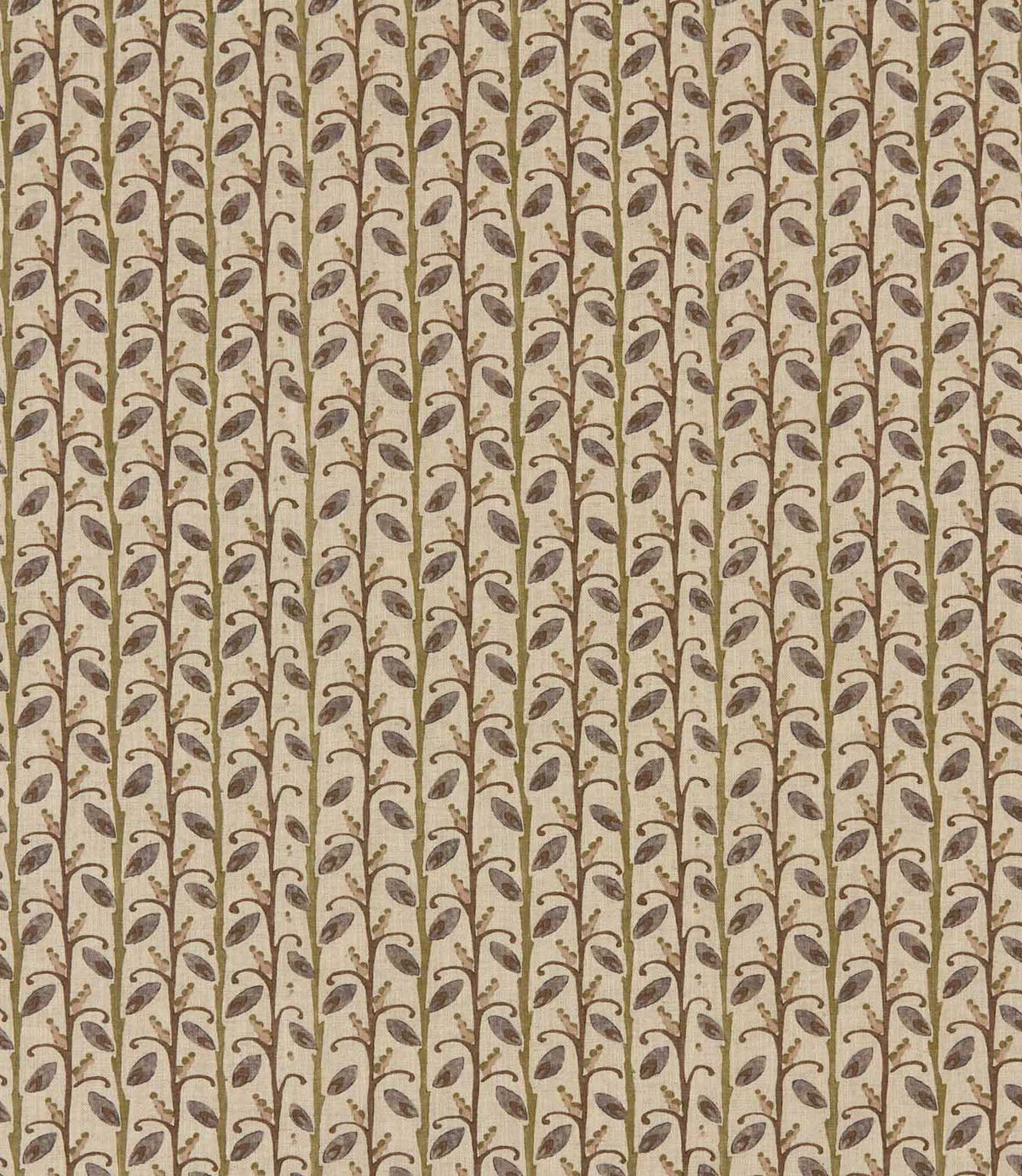 Wildwood Alder fabric featuring a small-scale Scandi botanical design with muted plum and taupe leaves, olive green stems and delicate earthy details on a natural cream background.
