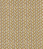 Wildwood Amber fabric featuring a small-scale Scandi botanical design with ochre leaves, olive green and brown stems, and soft blue details on a natural cream background.