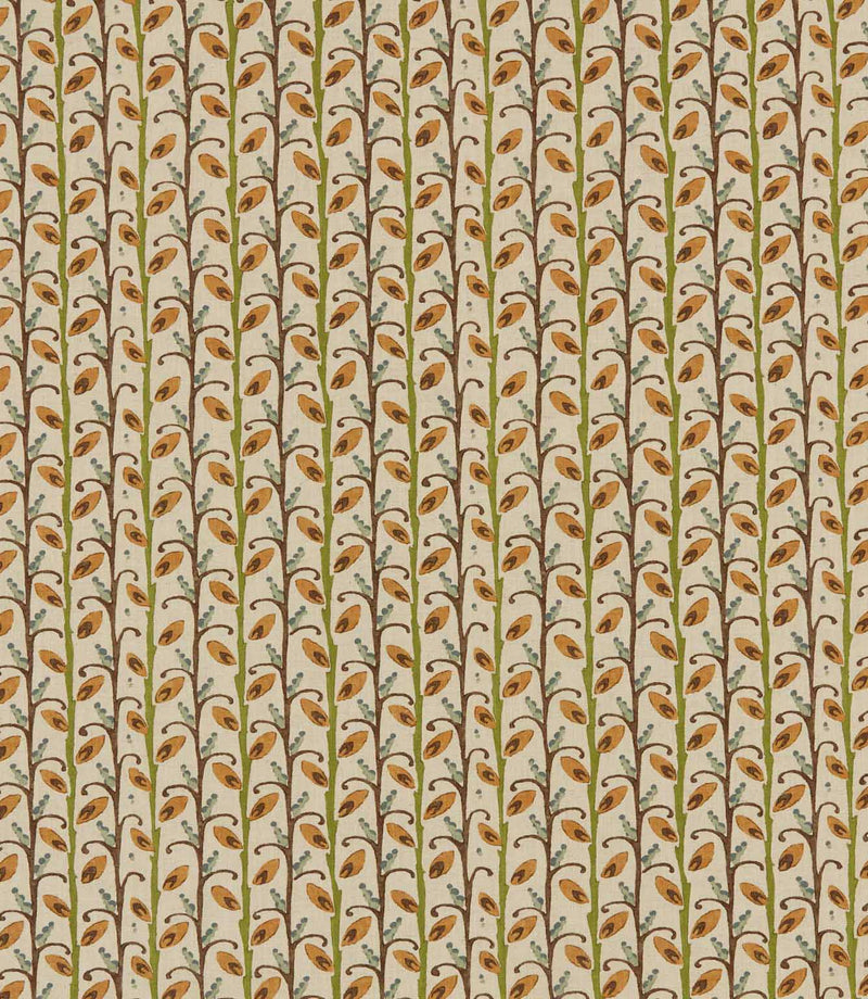 Wildwood Amber fabric featuring a small-scale Scandi botanical design with ochre leaves, olive green and brown stems, and soft blue details on a natural cream background.