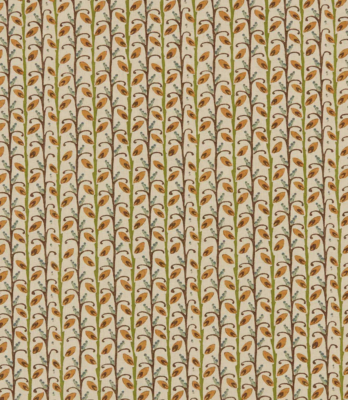 Wildwood Amber fabric featuring a small-scale Scandi botanical design with ochre leaves, olive green and brown stems, and soft blue details on a natural cream background.