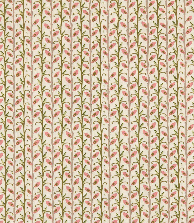 Wildwood Rosehip fabric featuring a small-scale Scandi botanical design with soft pink leaves, olive green foliage and taupe stems on a natural cream background.