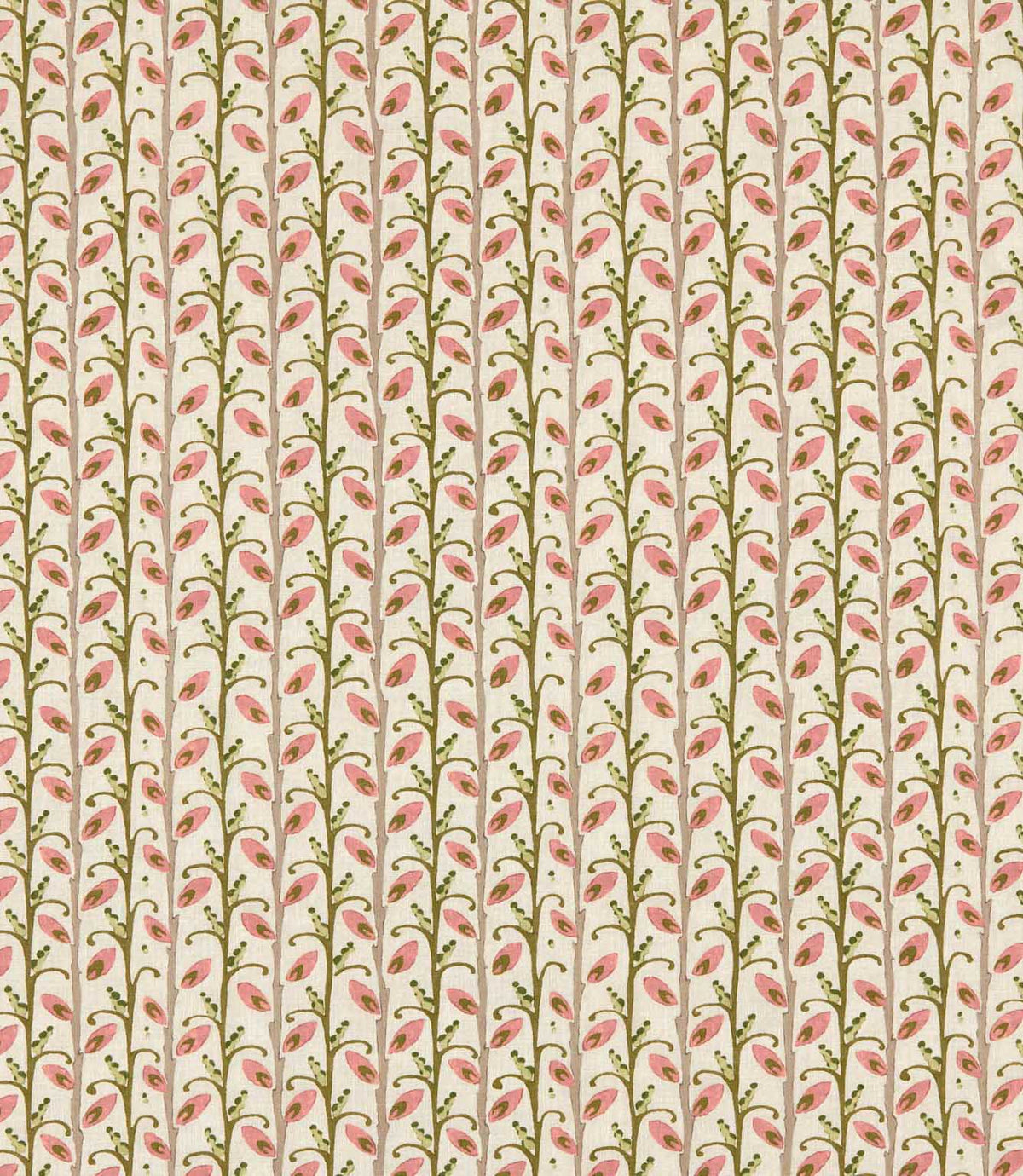 Wildwood Rosehip fabric featuring a small-scale Scandi botanical design with soft pink leaves, olive green foliage and taupe stems on a natural cream background.