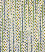 Wildwood Saltwater fabric featuring a small-scale Scandi botanical design with soft blue leaves, green stems and mustard yellow details on a natural cream background.