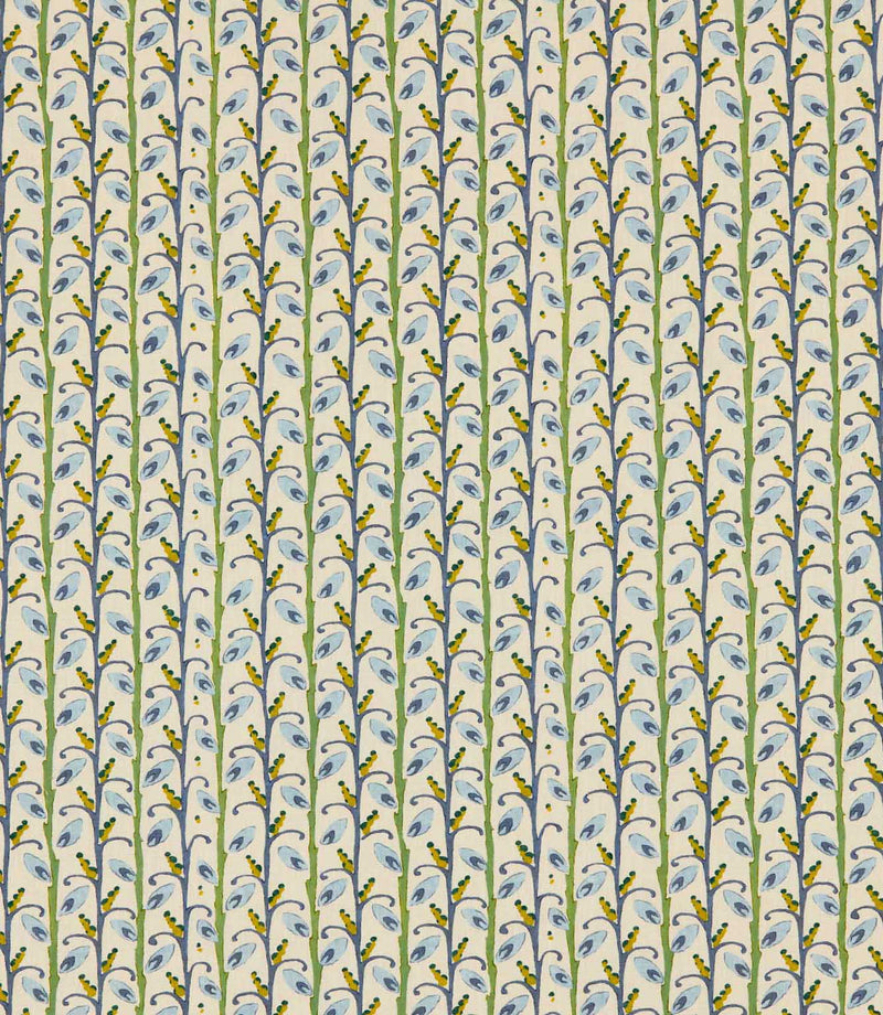 Wildwood Saltwater fabric featuring a small-scale Scandi botanical design with soft blue leaves, green stems and mustard yellow details on a natural cream background.