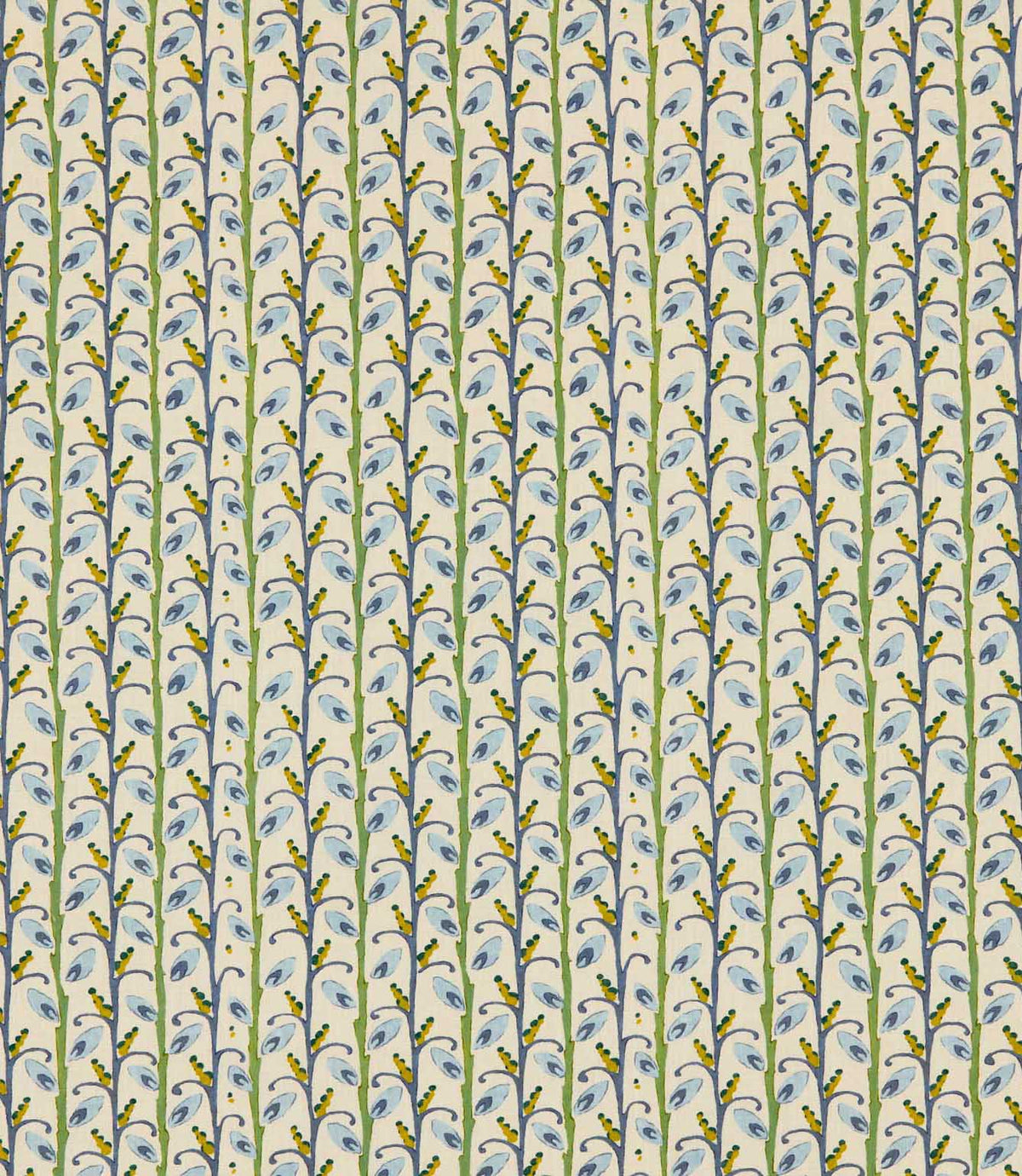 Wildwood Saltwater fabric featuring a small-scale Scandi botanical design with soft blue leaves, green stems and mustard yellow details on a natural cream background.