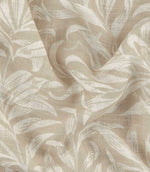 Close-up of Pure Willow Boughs sheer 100% cotton fabric in linen beige and ivory, showing the open woven texture and flowing William Morris willow leaf pattern.