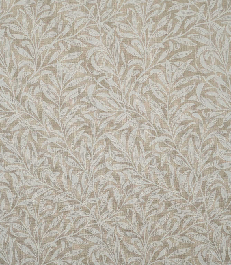 Full pattern view of Willow Bough Linen Look fabric in warm beige and cream, featuring a repeating William Morris inspired design of flowing stems and slender leaves.