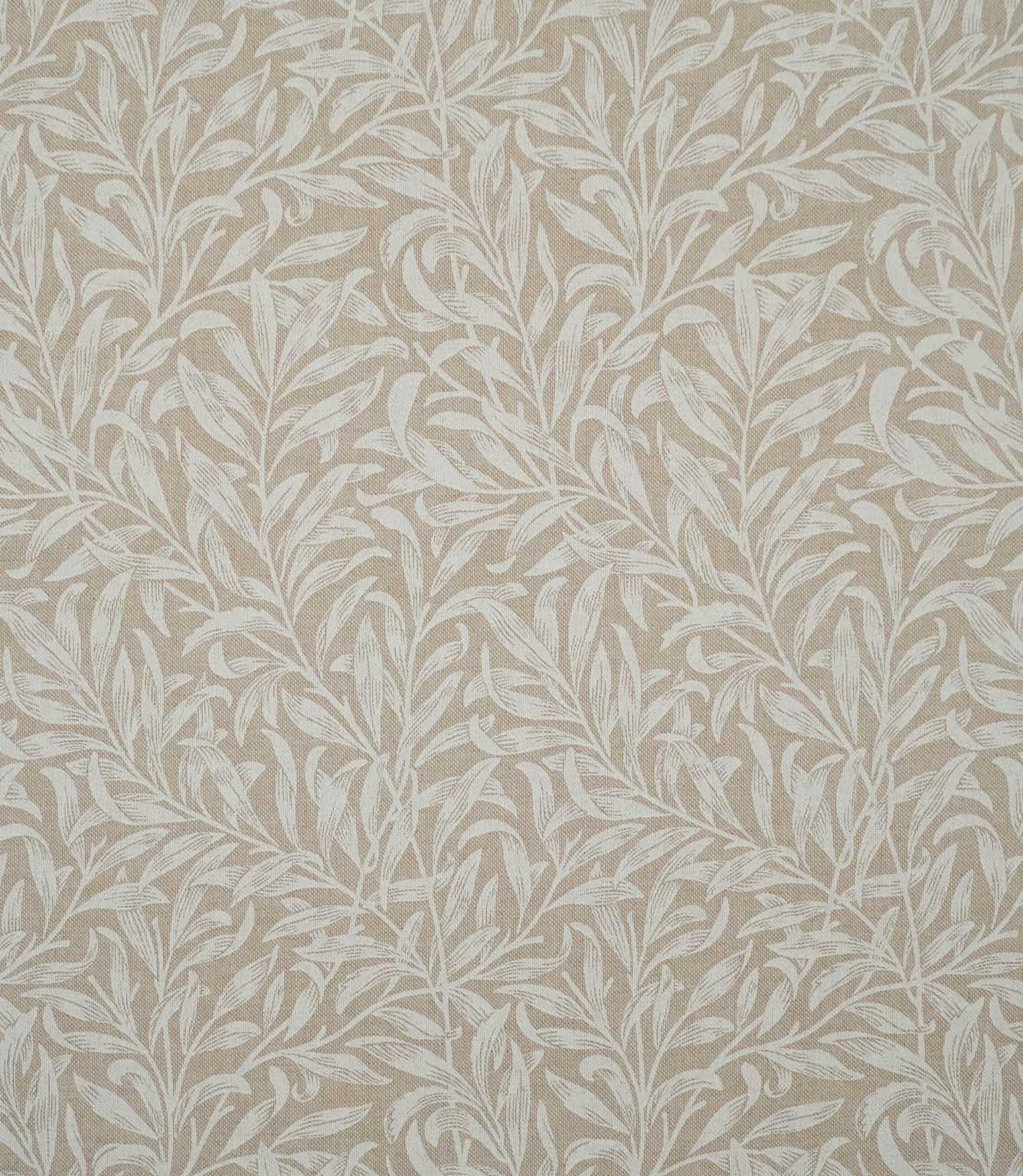 Full pattern view of Willow Bough Linen Look fabric in warm beige and cream, featuring a repeating William Morris inspired design of flowing stems and slender leaves.
