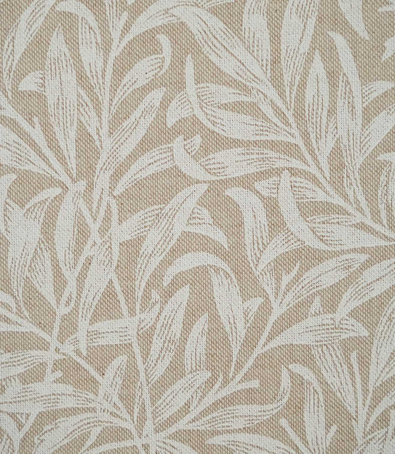 Close-up of Willow Bough Linen Look fabric in beige and cream, showing the detailed leafy pattern and textured woven linen-look surface.