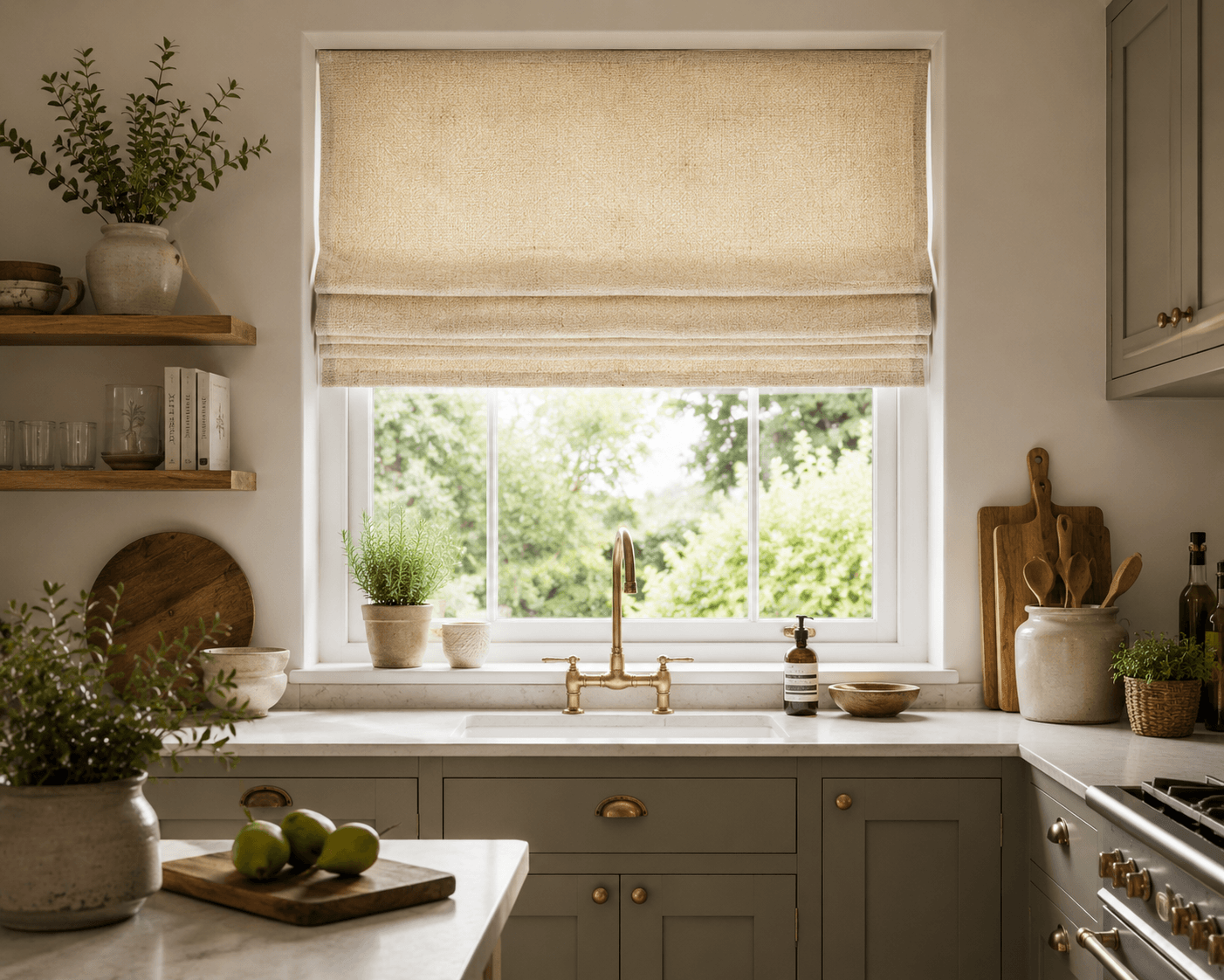 A warm, premium country-style kitchen interior with soft natural daylight streaming through a large sash window above a white sink and brass tap. A relaxed Roman blind in a natural woven linen fabric hangs partially raised, showing realistic stacked folds and subtle woven texture. The kitchen features muted olive cabinetry with brass hardware, marble worktops, open wooden shelving, ceramic accessories, chopping boards, greenery and soft neutral styling, creating an elegant and inviting ecommerce lifestyle. 