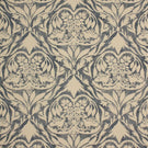 Decorative fabric pattern with floral and leaf designs in blue and cream.