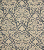 Decorative fabric pattern with floral and leaf designs in blue and cream.