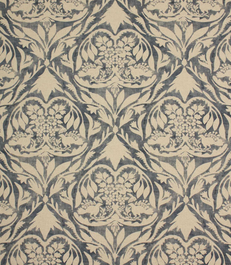 Decorative fabric pattern with floral and leaf designs in blue and cream.