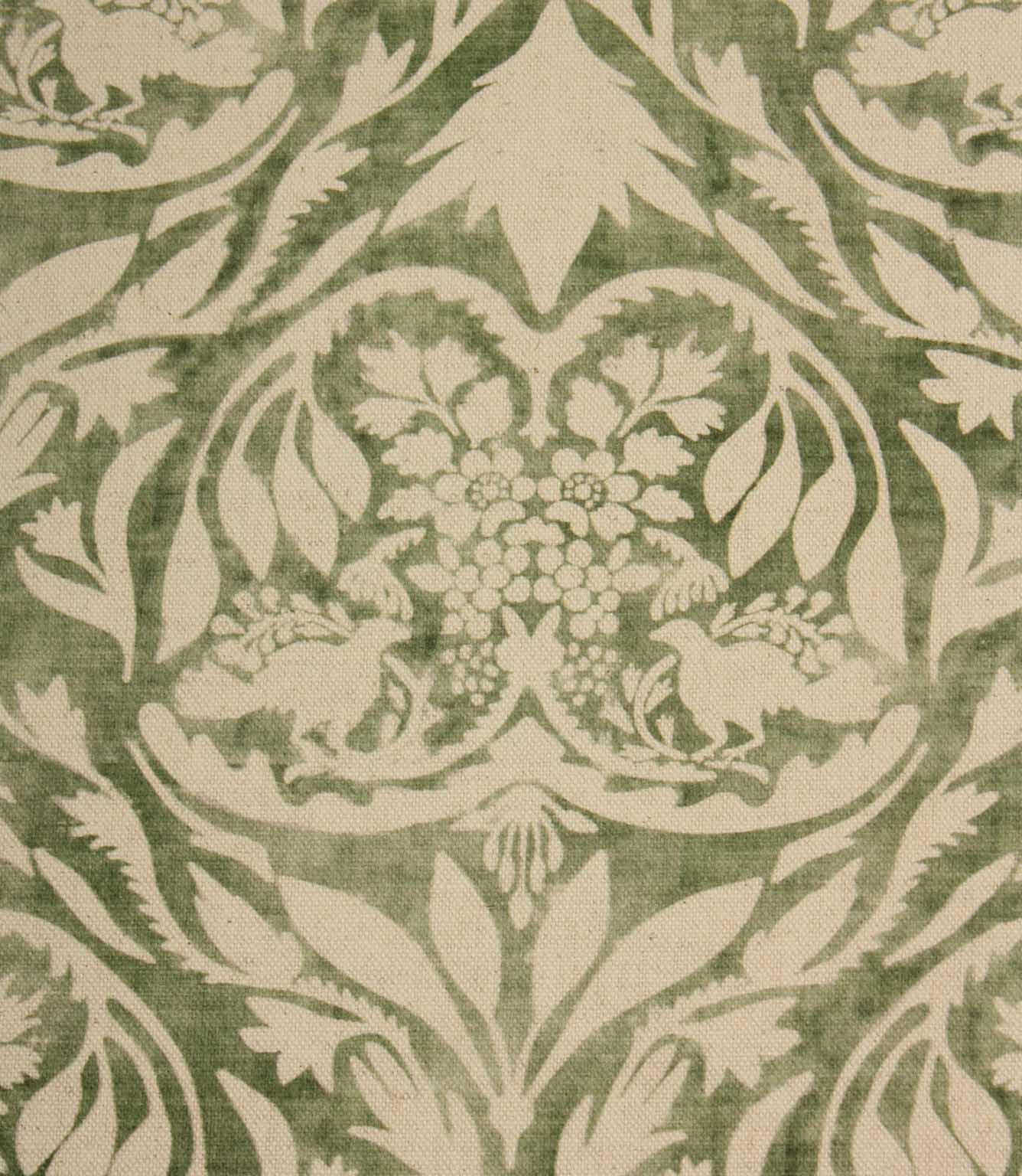 Decorative fabric pattern with floral and leaf design on a green background