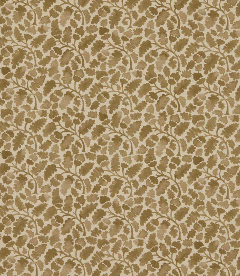 Woodcliff Dune fabric featuring a small-scale Scandinavian-inspired foliage design with stylised oak leaves and delicate branching stems in warm beige, sand and taupe tones on a natural cream background.