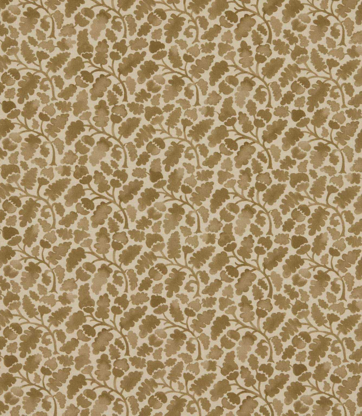 Woodcliff Dune fabric featuring a small-scale Scandinavian-inspired foliage design with stylised oak leaves and delicate branching stems in warm beige, sand and taupe tones on a natural cream background.