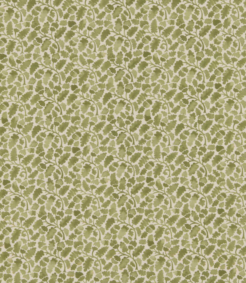 Woodcliff Kelp fabric featuring a small-scale Scandinavian-inspired foliage pattern with stylised oak-like leaves and delicate branching stems in soft olive and sage green on a warm cream background.