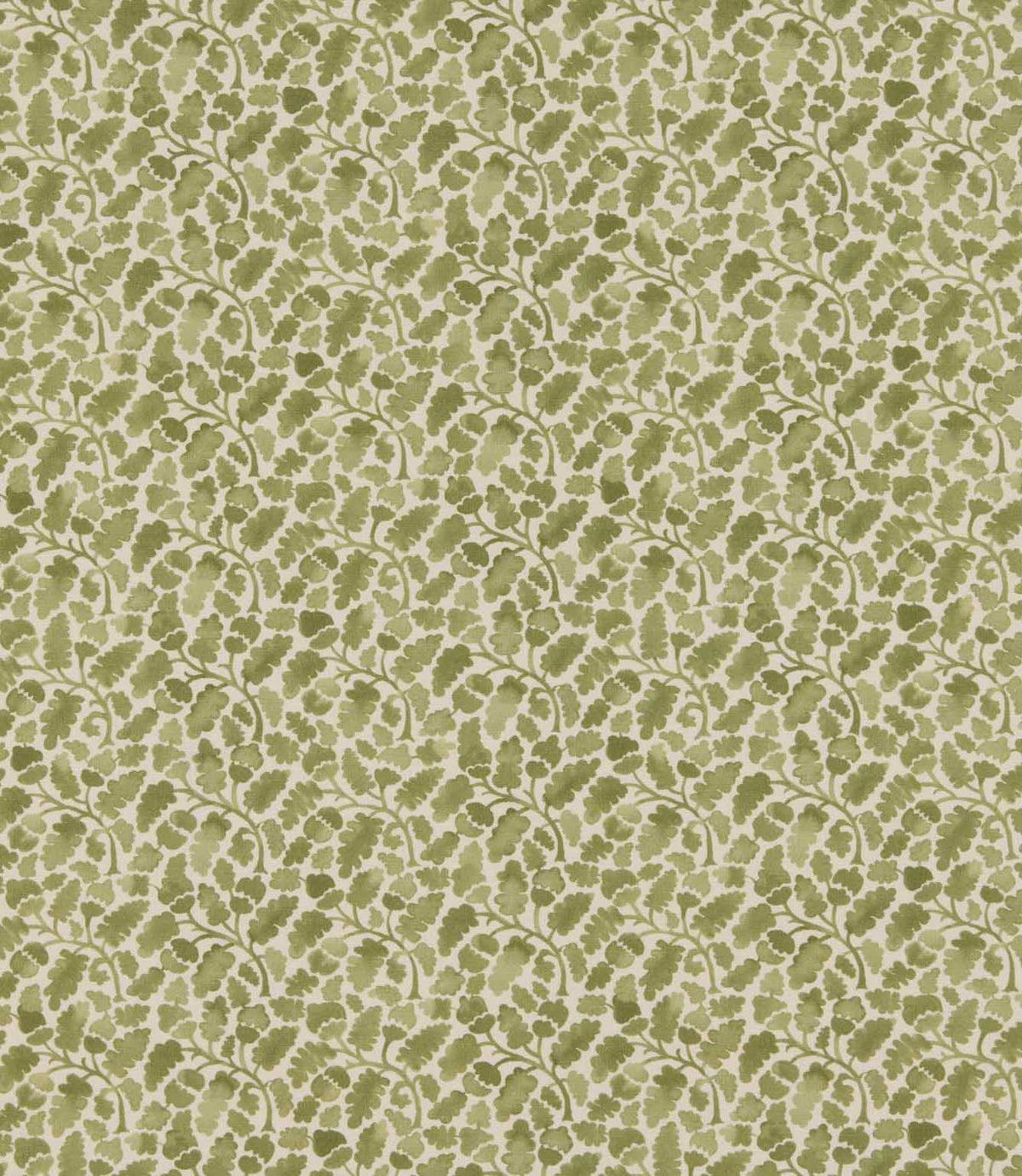 Woodcliff Kelp fabric featuring a small-scale Scandinavian-inspired foliage pattern with stylised oak-like leaves and delicate branching stems in soft olive and sage green on a warm cream background.