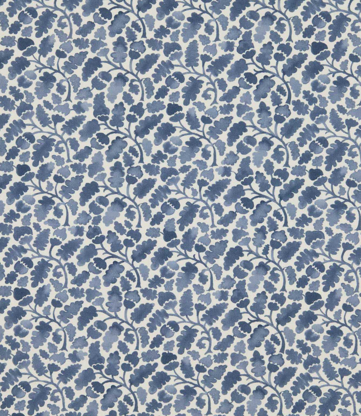Woodcliff Nautica fabric featuring a small-scale Scandinavian-inspired botanical pattern of stylised oak leaves, acorns and delicate branching stems in varying shades of navy and muted blue against an ivory background.