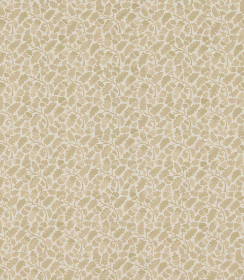Woodcliff Oyster fabric featuring a delicate, small-scale Scandinavian-inspired botanical pattern of stylised oak leaves and branching stems in soft oyster beige and ivory tones, arranged in a repeating foliage design.