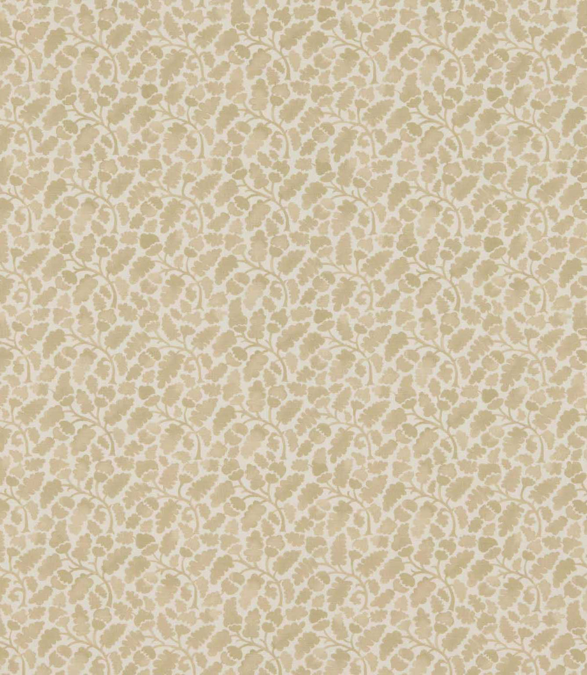 Woodcliff Oyster fabric featuring a delicate, small-scale Scandinavian-inspired botanical pattern of stylised oak leaves and branching stems in soft oyster beige and ivory tones, arranged in a repeating foliage design.