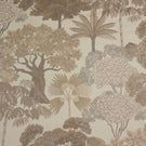 Woodlands Natural fabric featuring an elegant woven woodland landscape with stylised trees and foliage in soft beige, taupe and cream tones on a light natural background.